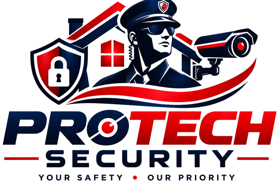 Protech Security logo: guard, home, shield and CCTV camera